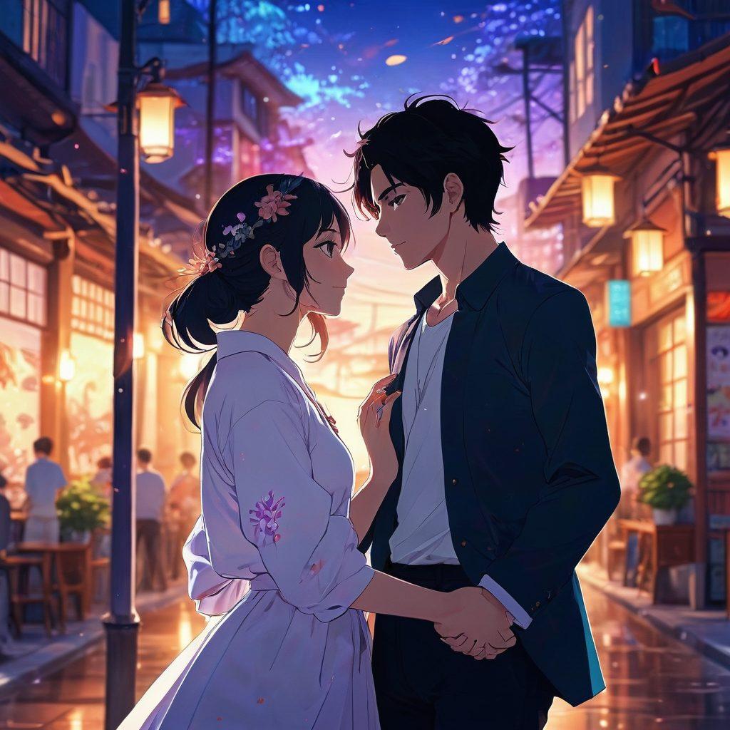 A serene, intimate scene depicting a couple immersed in a colorful, stylized anime world, surrounded by artistic expressions of love and connection. Ethereal lighting casts soft shadows, enhancing the emotional depth, while subtle mature themes are represented through abstract symbols and motifs. The background features a blend of vibrant hues and intricate patterns, evoking passion and creativity. anime art style. vibrant colors. ethereal lighting.
